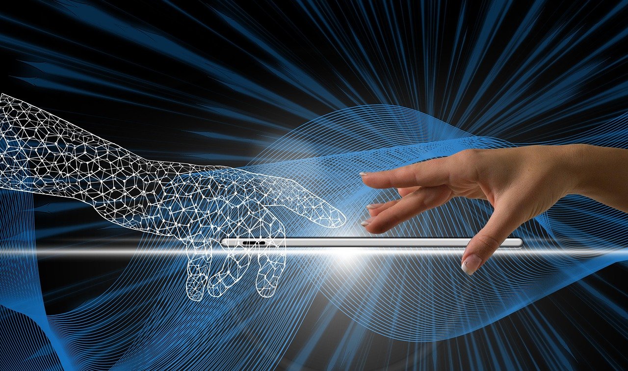 Digital hand reaching toward a smartphone through waves of data particles