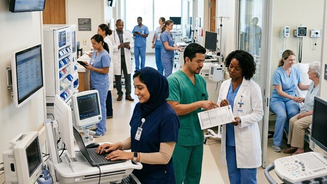 NHS hospital ward with clinical staff, from the ChaseAI pitch deck's UK NHS Impact slide